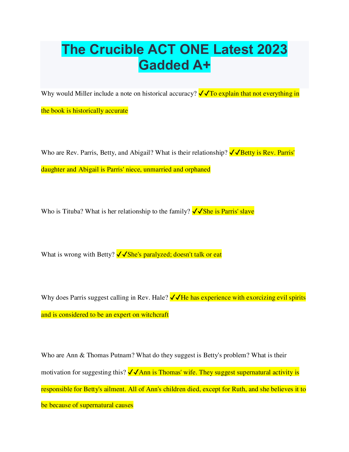Preview of The Crucible ACT ONE Latest 2023 Gadded A+